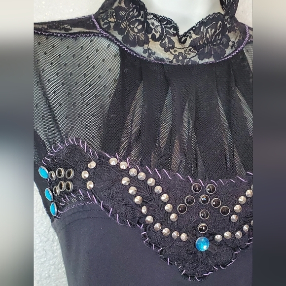 Free People Rare Black Sheer Lace Beaded Fitted Blouse Mandarin Collar Sz Medium - Picture 5 of 9